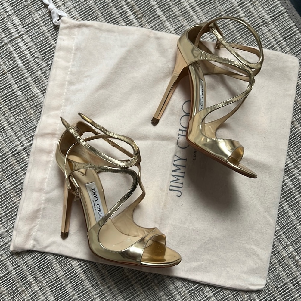 Jimmy Choo - Lang 100, mirrored gold leather, size 6 sandals